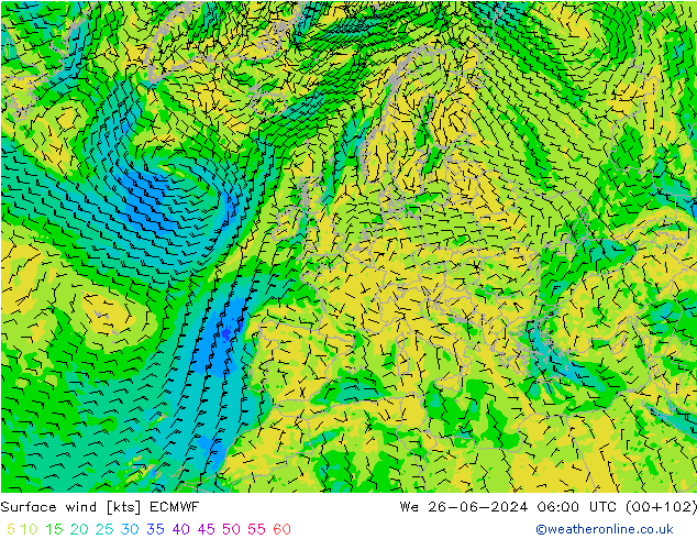 Surface wind ECMWF We 26.06.2024 06 UTC