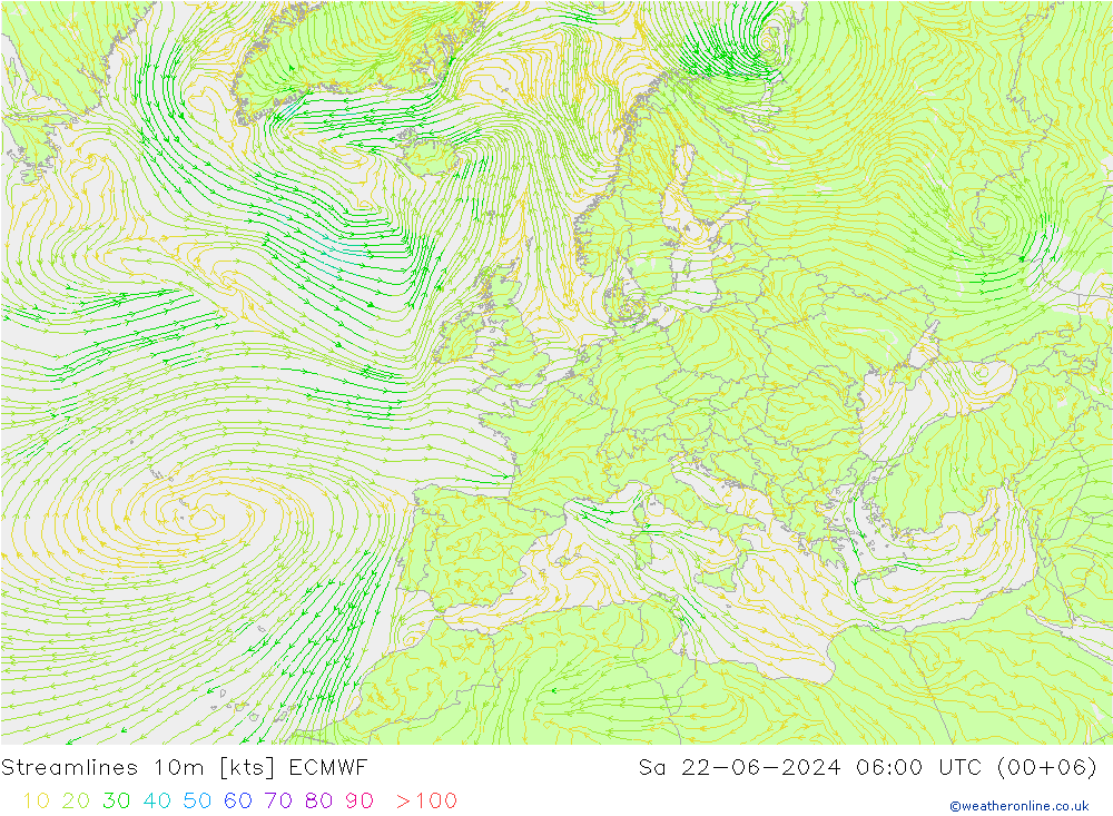Stroomlijn 10m ECMWF za 22.06.2024 06 UTC