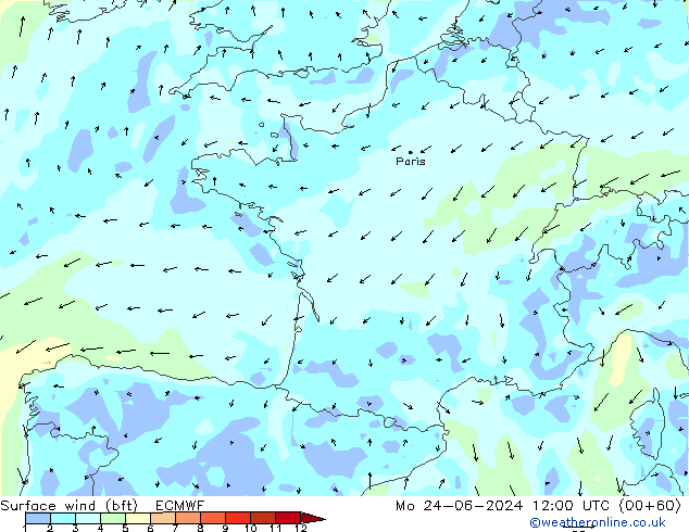 Bodenwind (bft) ECMWF Mo 24.06.2024 12 UTC