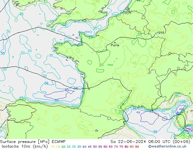 Isotachen (km/h) ECMWF Sa 22.06.2024 06 UTC