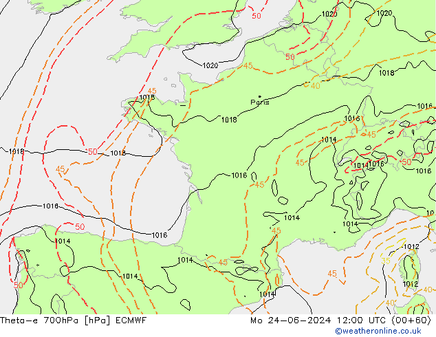 Theta-e 700hPa ECMWF lun 24.06.2024 12 UTC