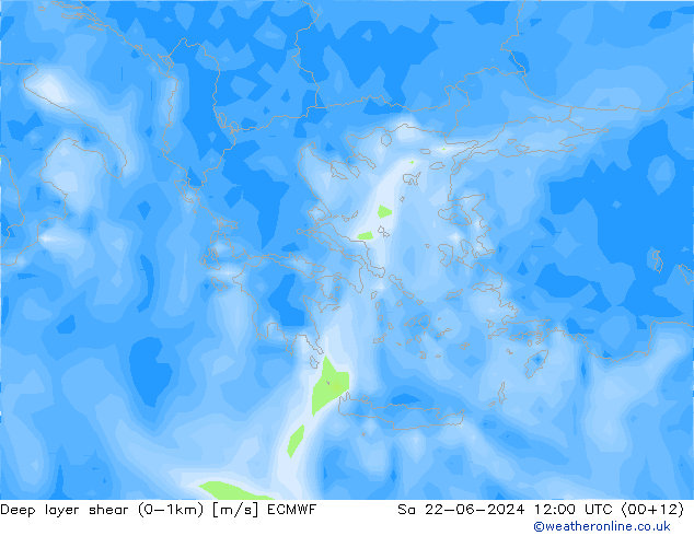 Deep layer shear (0-1km) ECMWF za 22.06.2024 12 UTC