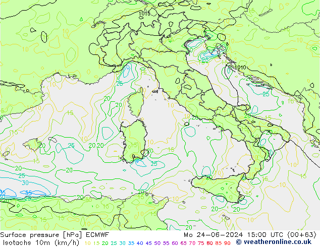 Eşrüzgar Hızları (km/sa) ECMWF Pzt 24.06.2024 15 UTC