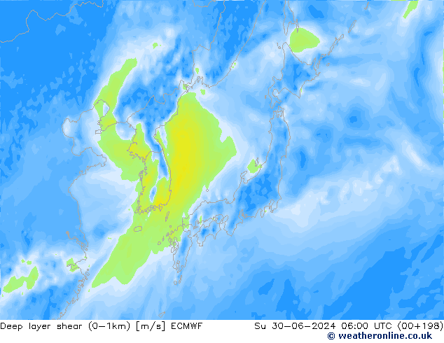 Deep layer shear (0-1km) ECMWF Su 30.06.2024 06 UTC