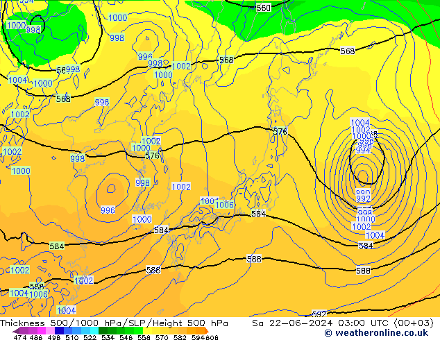 Thck 500-1000hPa ECMWF so. 22.06.2024 03 UTC