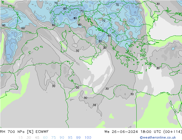 RH 700 hPa ECMWF We 26.06.2024 18 UTC