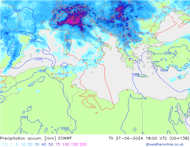 Precipitation accum. ECMWF Th 27.06.2024 18 UTC