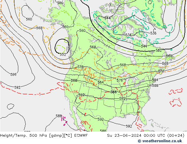 Height/Temp. 500 hPa ECMWF dom 23.06.2024 00 UTC