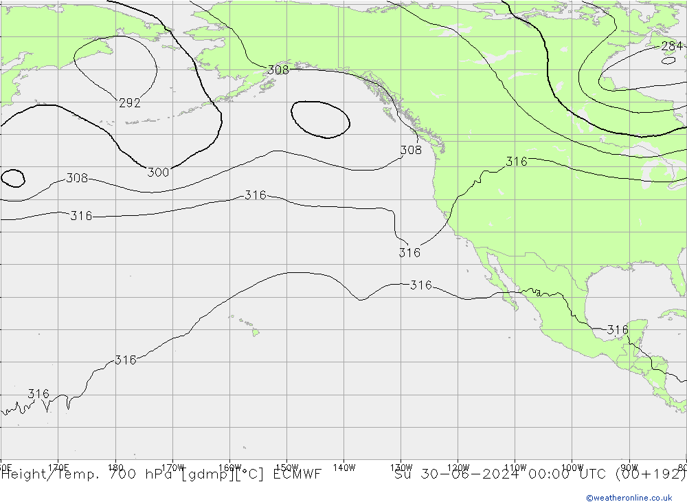 Height/Temp. 700 гПа ECMWF Вс 30.06.2024 00 UTC