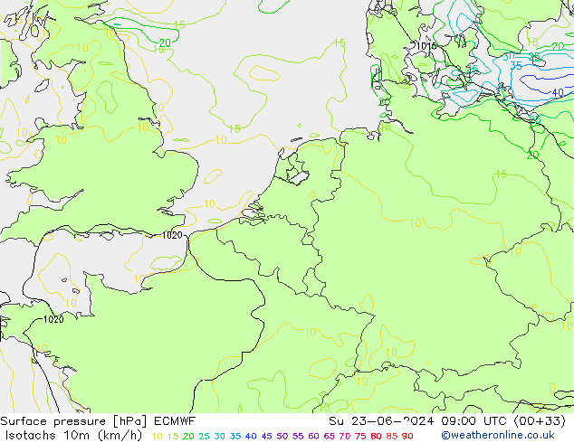 Isotachen (km/h) ECMWF zo 23.06.2024 09 UTC