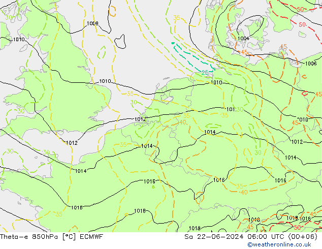 Theta-e 850hPa ECMWF Sa 22.06.2024 06 UTC