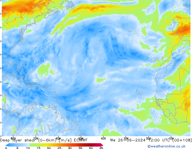 Deep layer shear (0-6km) ECMWF We 26.06.2024 12 UTC