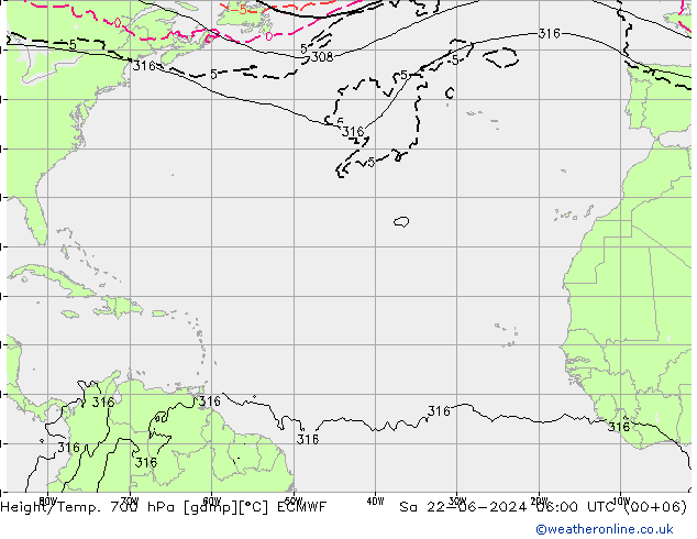 Géop./Temp. 700 hPa ECMWF sam 22.06.2024 06 UTC