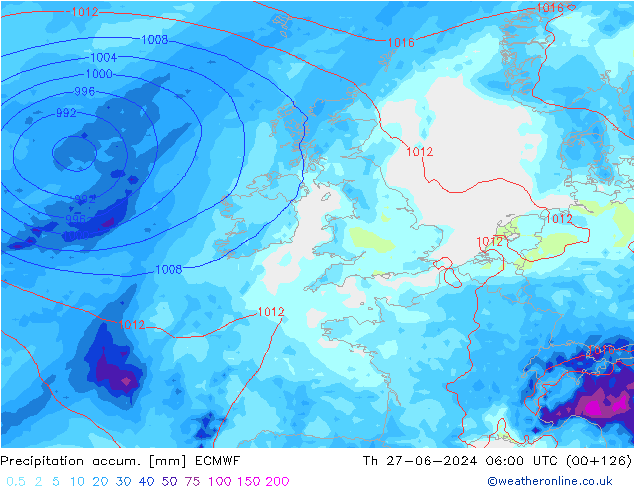 Precipitation accum. ECMWF Čt 27.06.2024 06 UTC