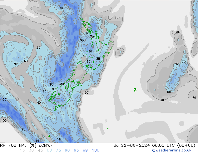 RH 700 hPa ECMWF Sa 22.06.2024 06 UTC