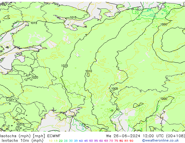 Isotachs (mph) ECMWF We 26.06.2024 12 UTC