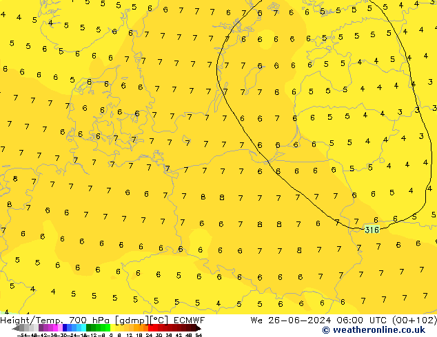 Height/Temp. 700 hPa ECMWF  26.06.2024 06 UTC