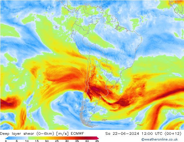 Deep layer shear (0-6km) ECMWF sáb 22.06.2024 12 UTC