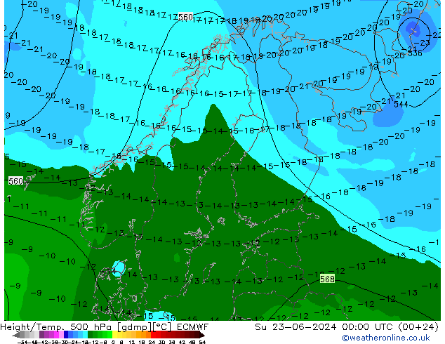 Height/Temp. 500 hPa ECMWF So 23.06.2024 00 UTC