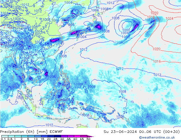 Z500/Rain (+SLP)/Z850 ECMWF Вс 23.06.2024 06 UTC