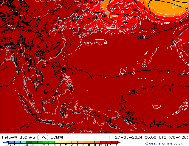 Theta-W 850hPa ECMWF czw. 27.06.2024 00 UTC