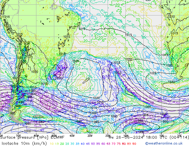 Isotachs (kph) ECMWF Qua 26.06.2024 18 UTC