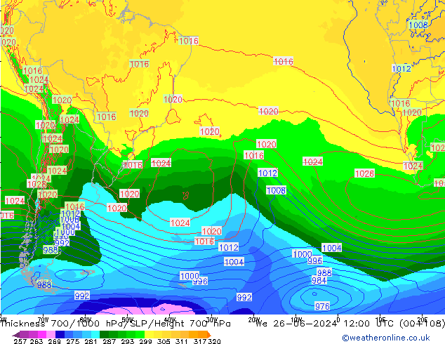 Thck 700-1000 hPa ECMWF mer 26.06.2024 12 UTC