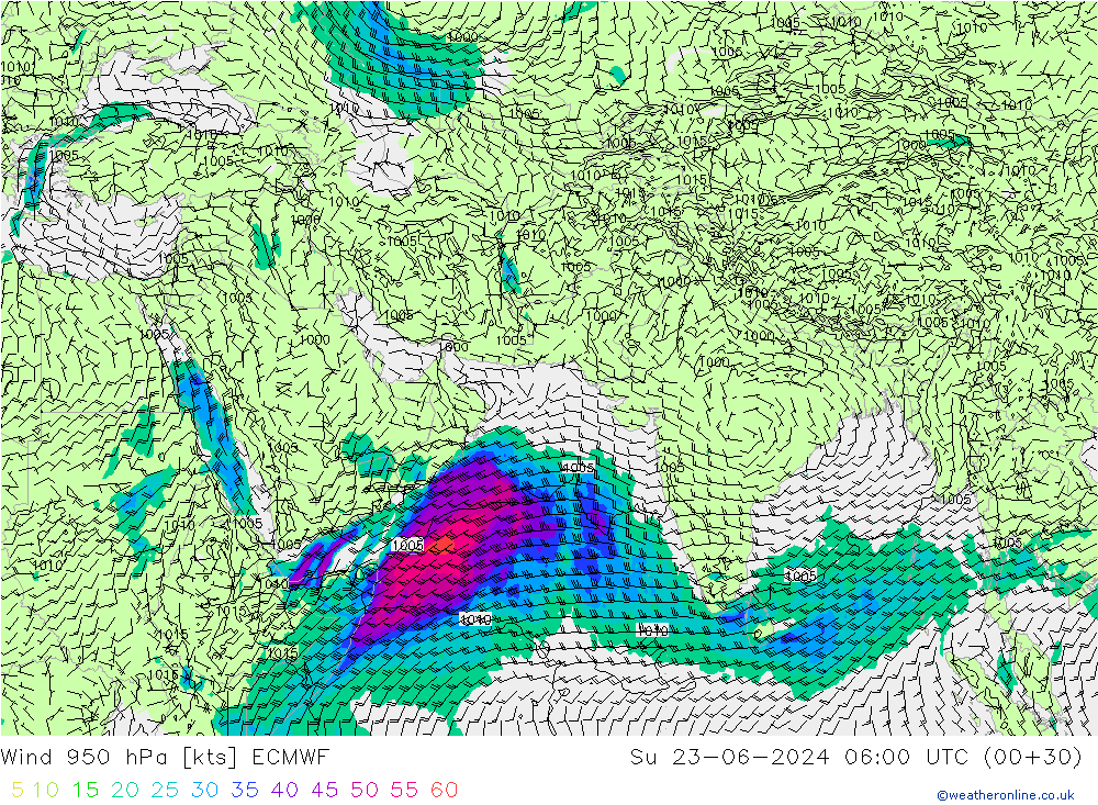 Wind 950 hPa ECMWF Su 23.06.2024 06 UTC