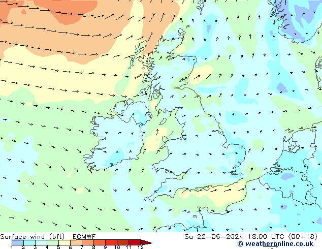 Surface wind (bft) ECMWF Sa 22.06.2024 18 UTC