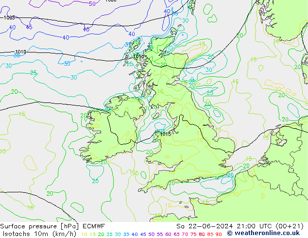 Isotachs (kph) ECMWF Sa 22.06.2024 21 UTC