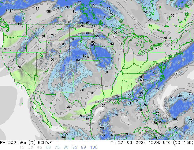 RH 300 hPa ECMWF czw. 27.06.2024 18 UTC