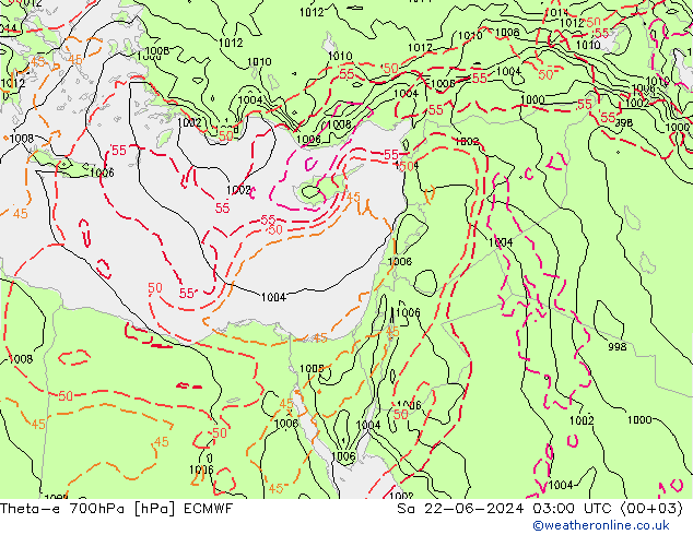 Theta-e 700hPa ECMWF sab 22.06.2024 03 UTC