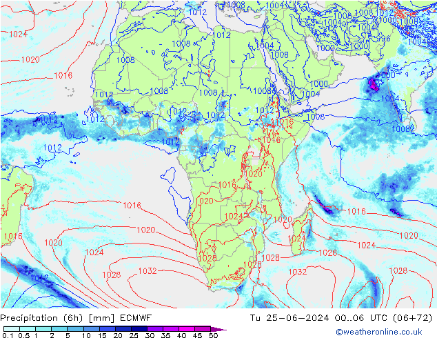 Precipitation (6h) ECMWF Út 25.06.2024 06 UTC