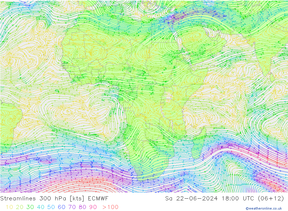 Ligne de courant 300 hPa ECMWF sam 22.06.2024 18 UTC