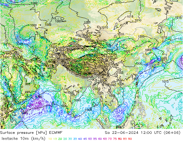 Isotaca (kph) ECMWF sáb 22.06.2024 12 UTC