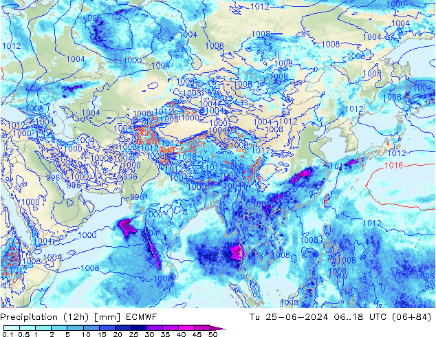 Precipitation (12h) ECMWF Tu 25.06.2024 18 UTC