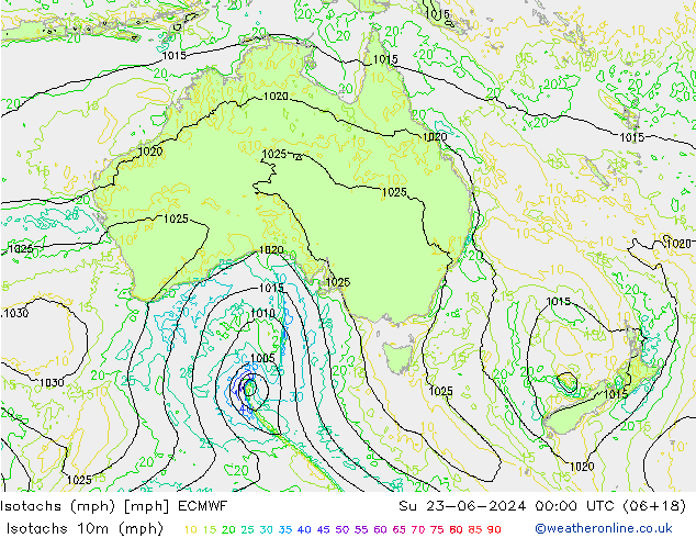 Isotachen (mph) ECMWF zo 23.06.2024 00 UTC