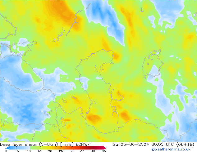 Deep layer shear (0-6km) ECMWF Вс 23.06.2024 00 UTC