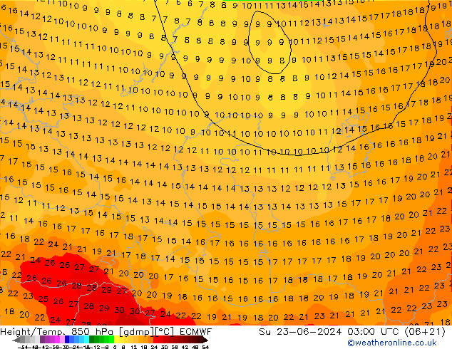 Height/Temp. 850 hPa ECMWF nie. 23.06.2024 03 UTC