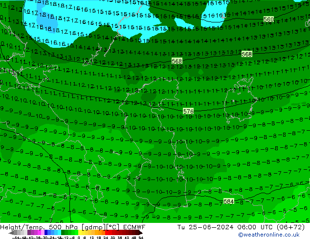 Z500/Rain (+SLP)/Z850 ECMWF wto. 25.06.2024 06 UTC