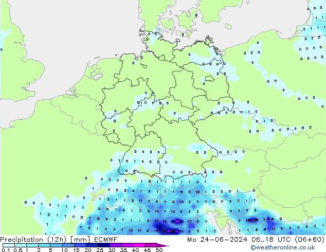 Precipitation (12h) ECMWF Mo 24.06.2024 18 UTC