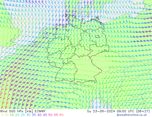 Wind 500 hPa ECMWF Su 23.06.2024 09 UTC