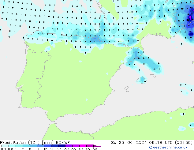 Precipitation (12h) ECMWF Su 23.06.2024 18 UTC