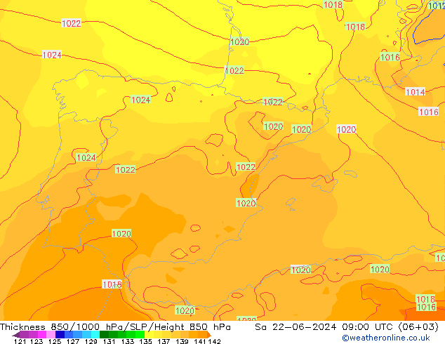 Dikte 850-1000 hPa ECMWF za 22.06.2024 09 UTC