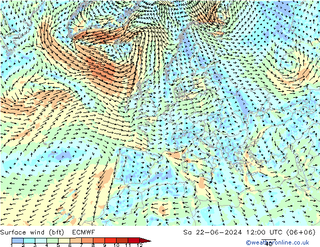 Viento 10 m (bft) ECMWF sáb 22.06.2024 12 UTC