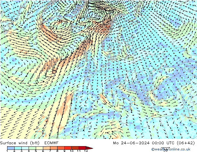 Surface wind (bft) ECMWF Mo 24.06.2024 00 UTC