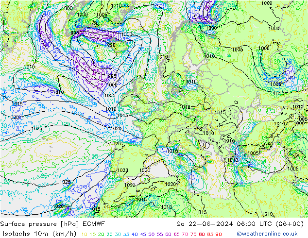 Isotachs (kph) ECMWF Sa 22.06.2024 06 UTC