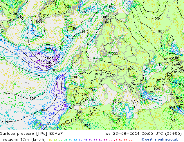 10米等风速线 (kph) ECMWF 星期三 26.06.2024 00 UTC