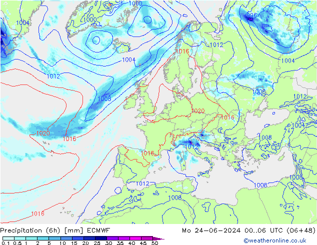 Z500/Rain (+SLP)/Z850 ECMWF Mo 24.06.2024 06 UTC