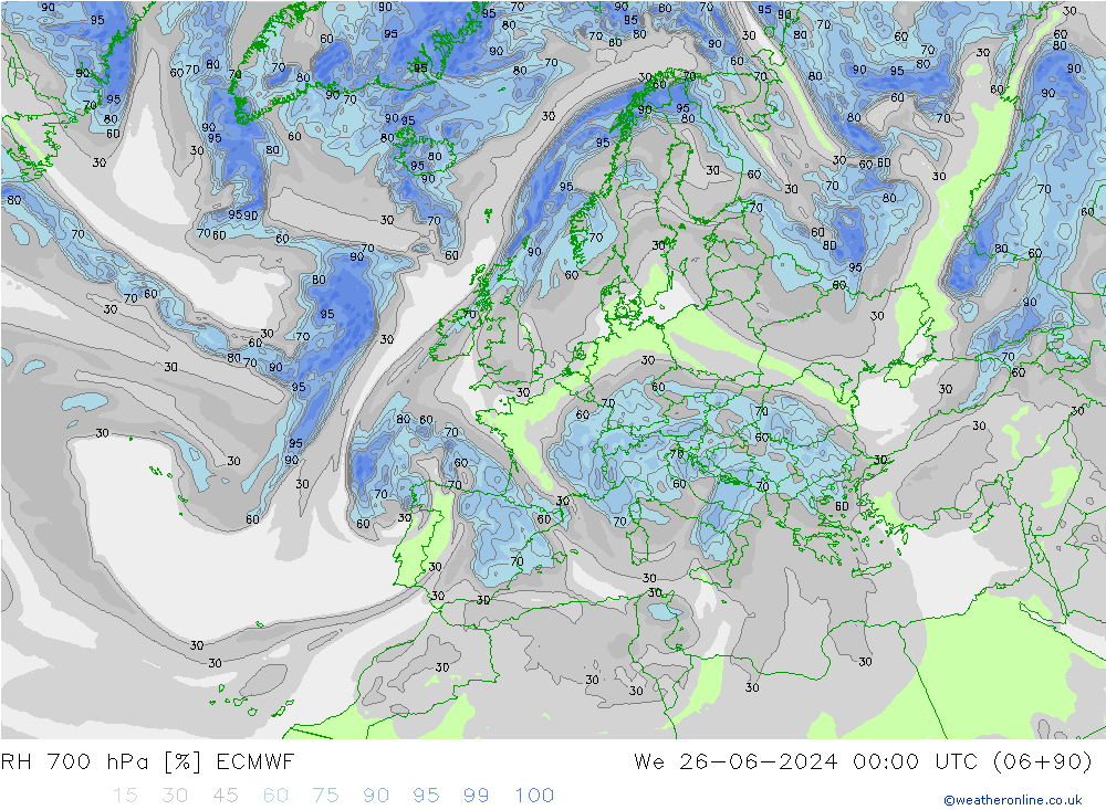 RH 700 hPa ECMWF We 26.06.2024 00 UTC